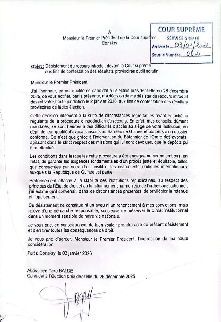 Lettre de désistement adressée au premier président de la Cour suprême