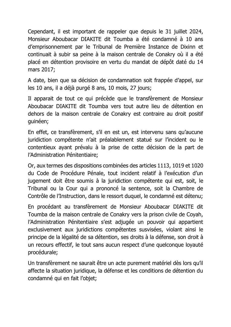 Communiqué des avocats de Toumba après son transfert à la prison de Coyah
